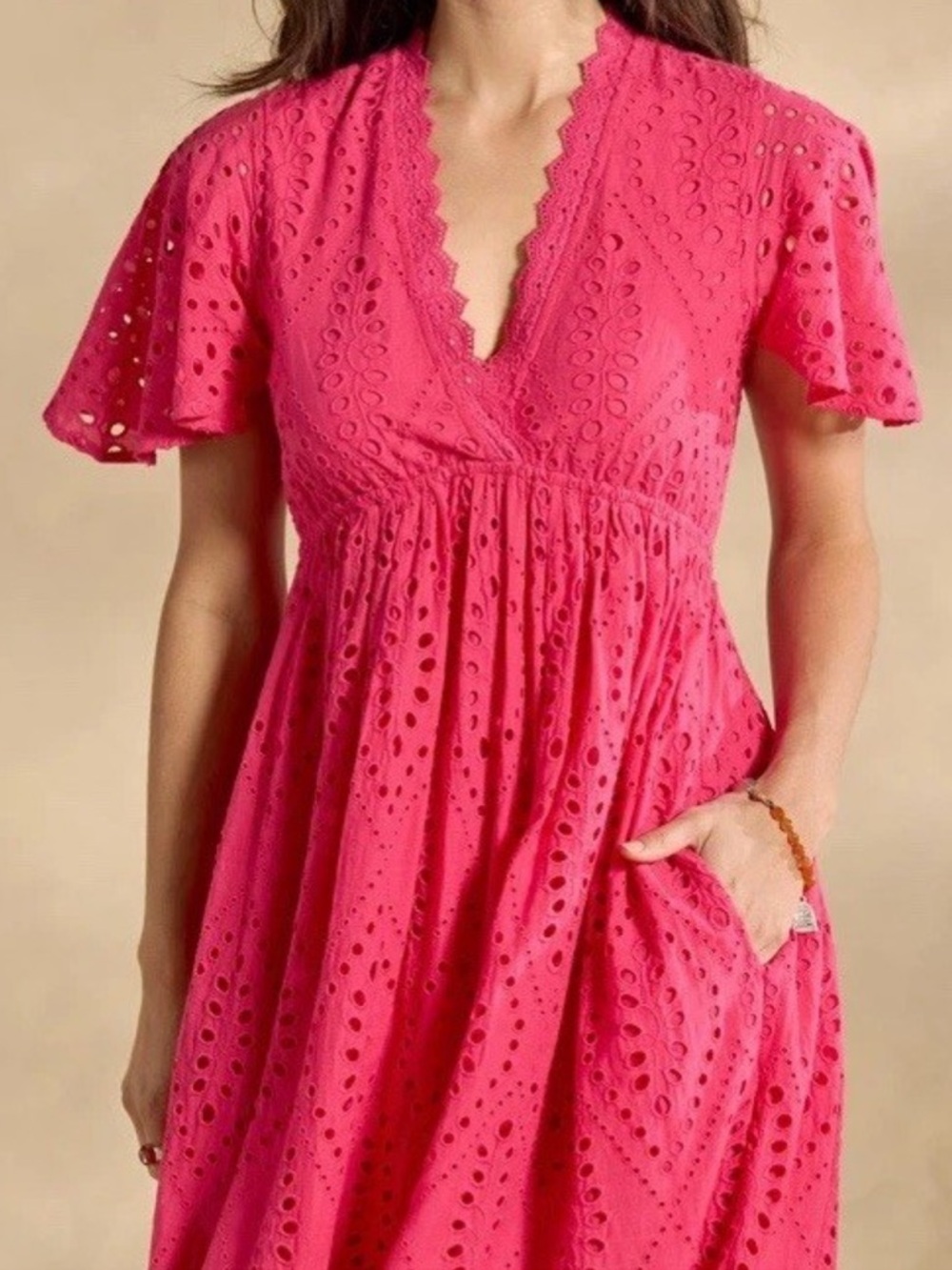Sundance Juno Eyelet Maxi Dress Pink Pockets Elastic Waist Flutter Sleeves Large - Picture 8 of 16
